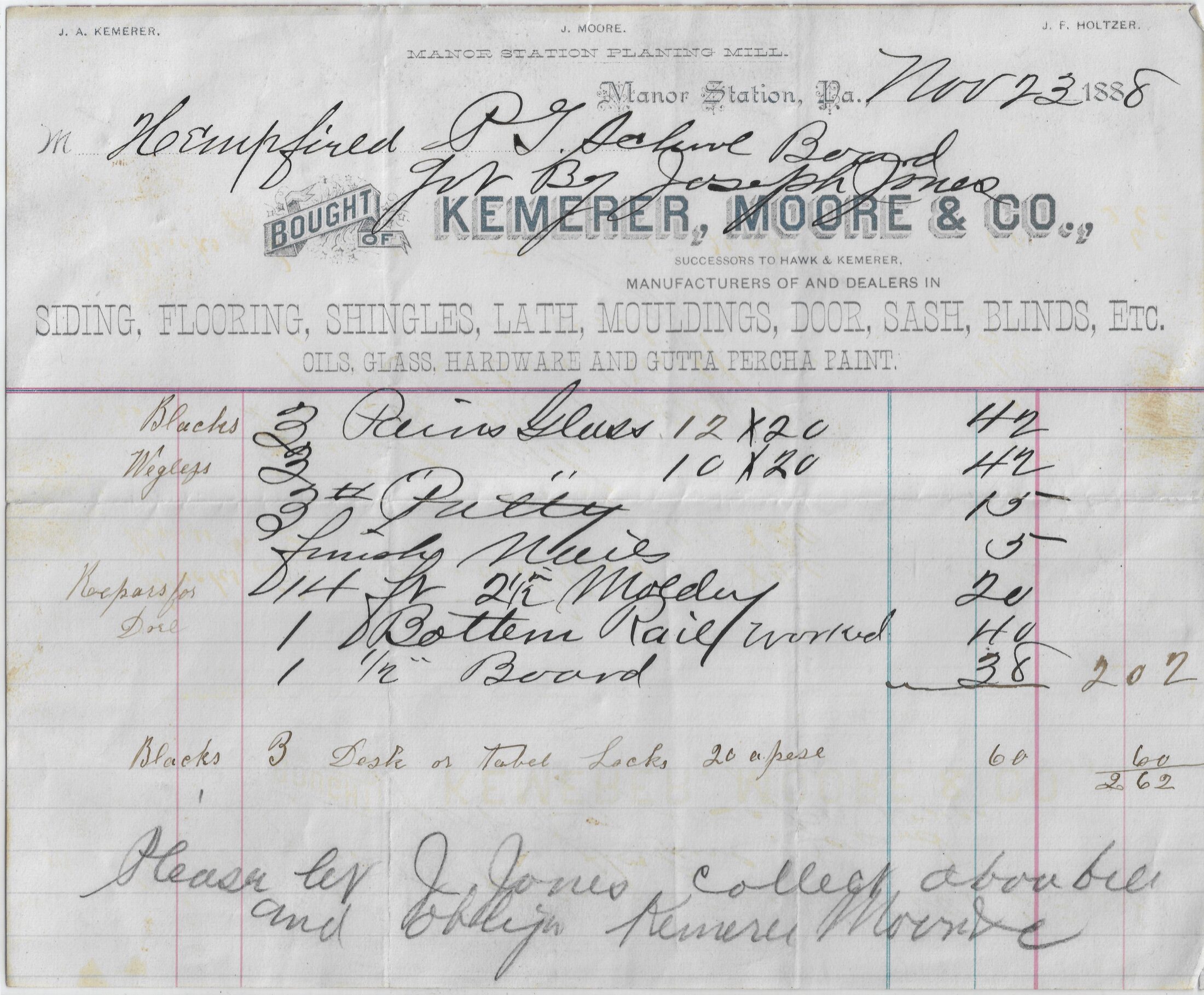 1888 Hempfield Township Supplies receipt