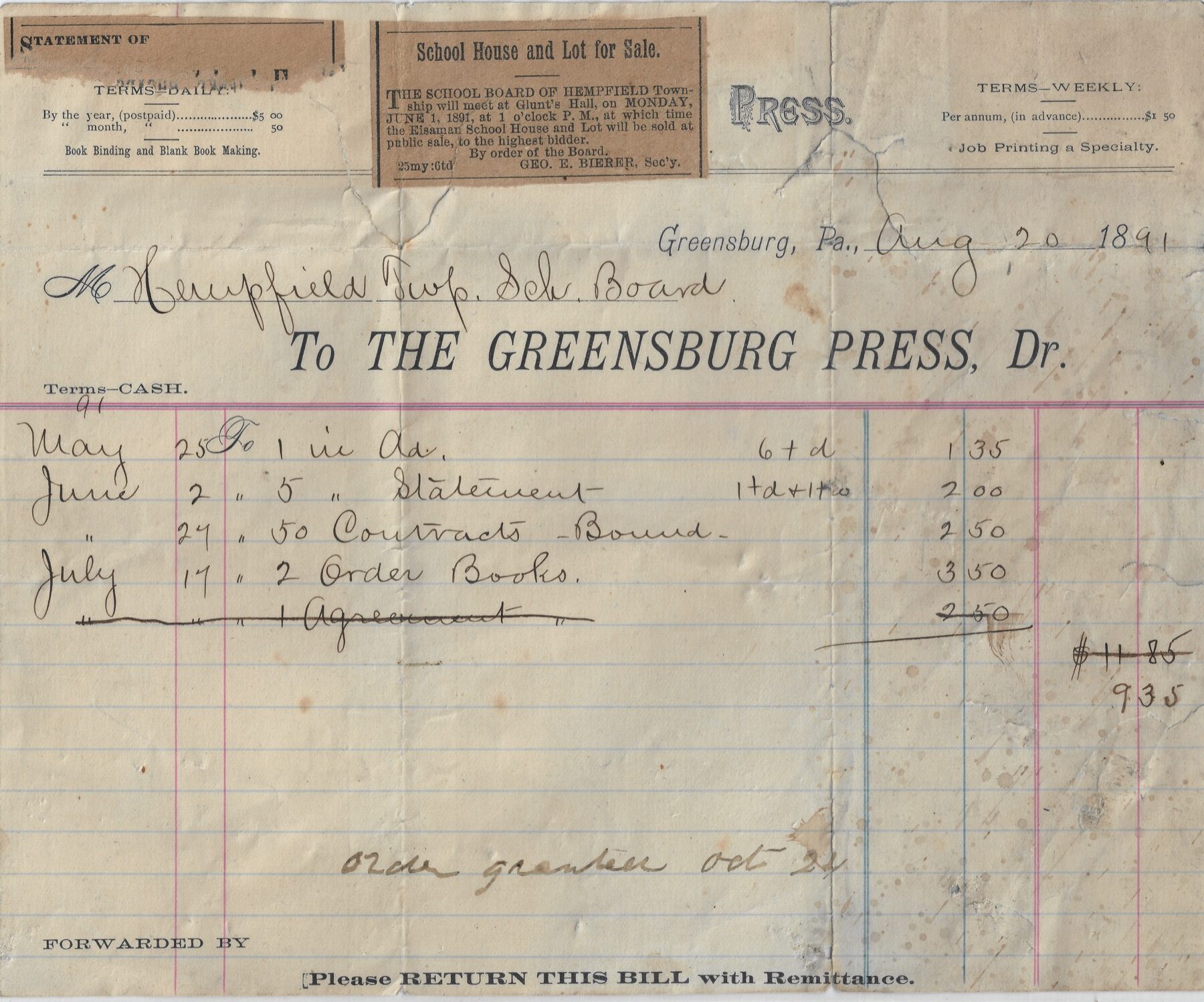 1891 Hempfield Township Supplies receipt