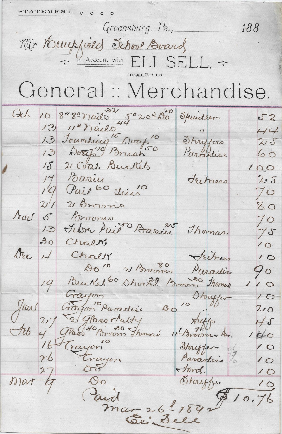 1892 Hempfield Township Supplies receipt