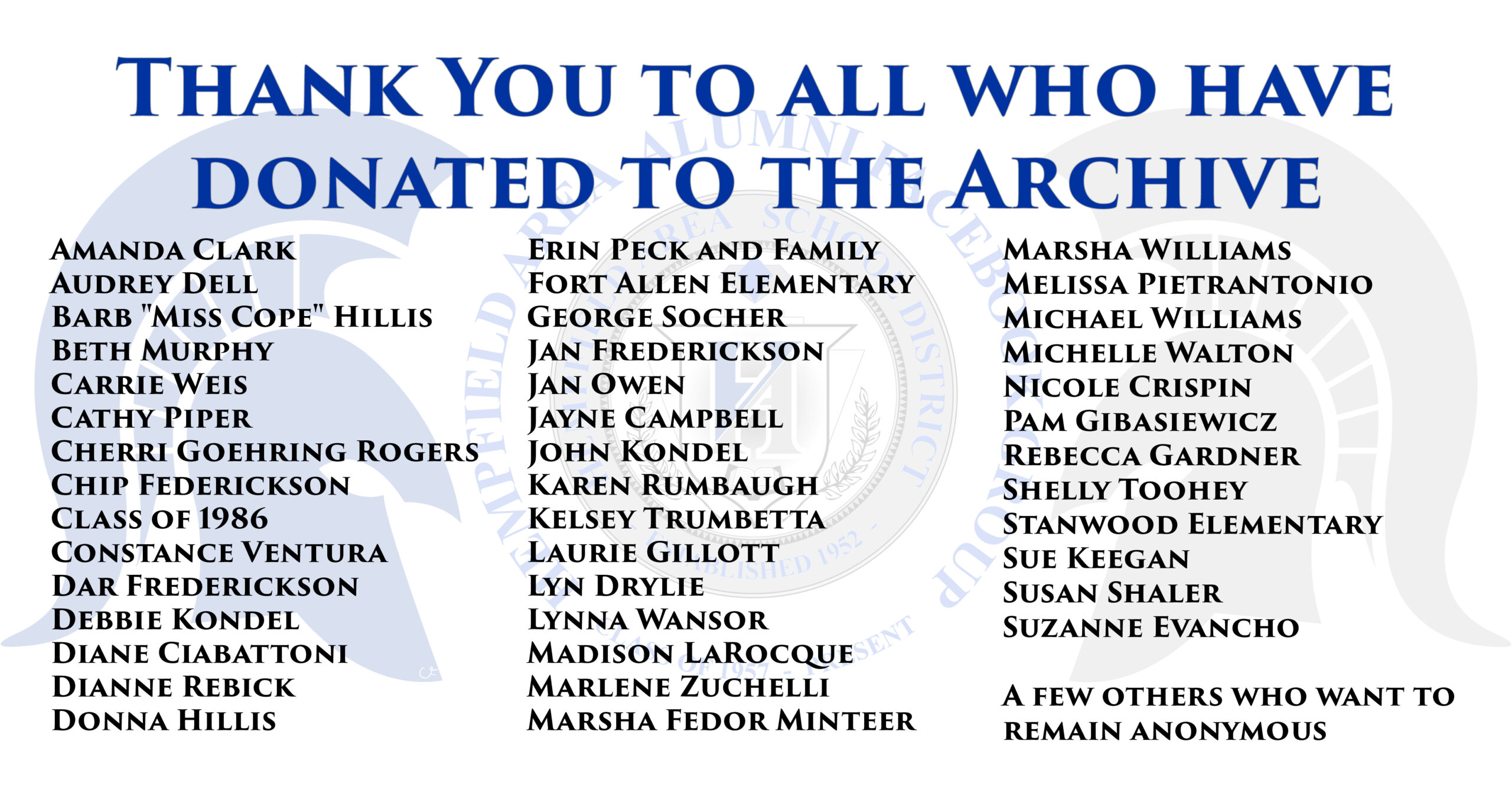 List of all who donated to the Hempfield Area Alumni Archive before June 15, 2026